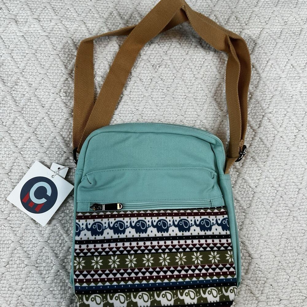 Choco Mocha Crossbody Bag Teal Elephant Print Canvas Shoulder Purse NWT